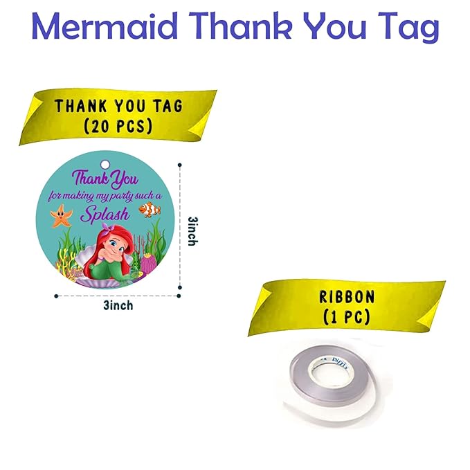 Party Propz Thank You Card Birthday - 21 Pcs, Mermaid Thank You Cards For Return Gifts With Ribbon | Birthday Thanks Card(Cardstock) | Thank You Tags For Return Gifts | Happy Birthday Decoration Items