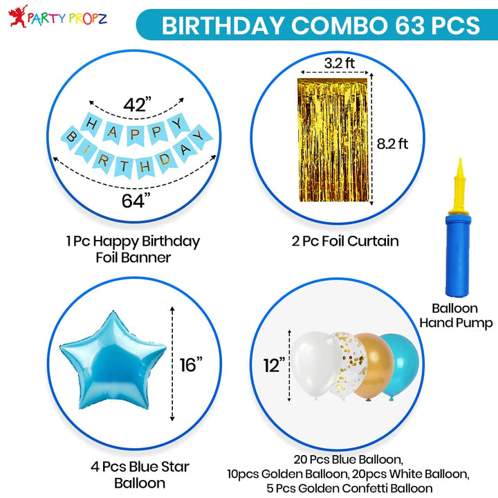 Party Propz Birthday Decoration Items-63 Pcs,Blue Birthday Decoration Items For Boy,Husband|Birthday Decorations For Boys|Confetti,Foil,Metallic Balloons For Decoration|Fringe Curtain,Balloon Pump