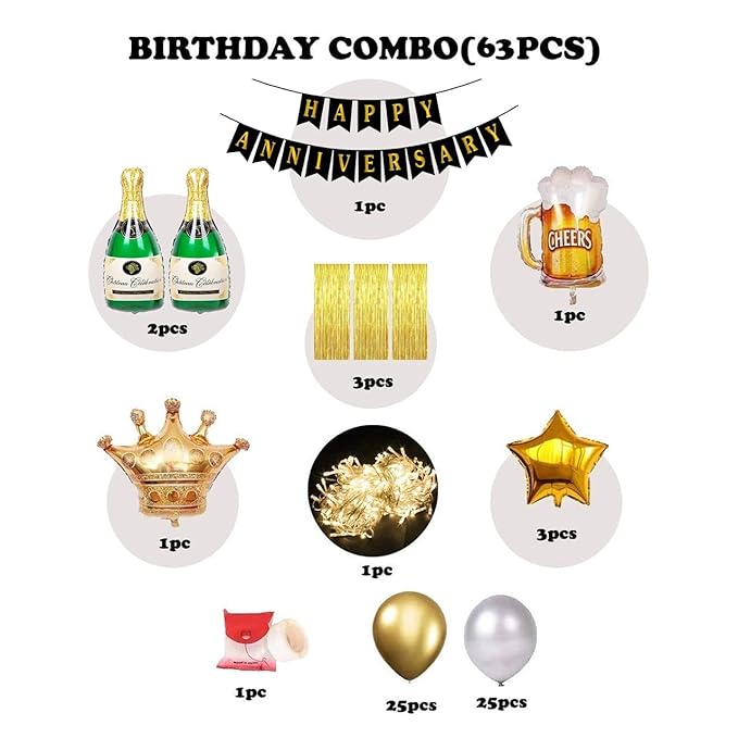 Party Propz Happy Anniversary Decoration Items Kit - 63Pcs Golden Wedding Anniversary Decoration Items | Anniversary Decoration for Couple, Boyfriend, Husband | Happy Anniversary Foil Balloons