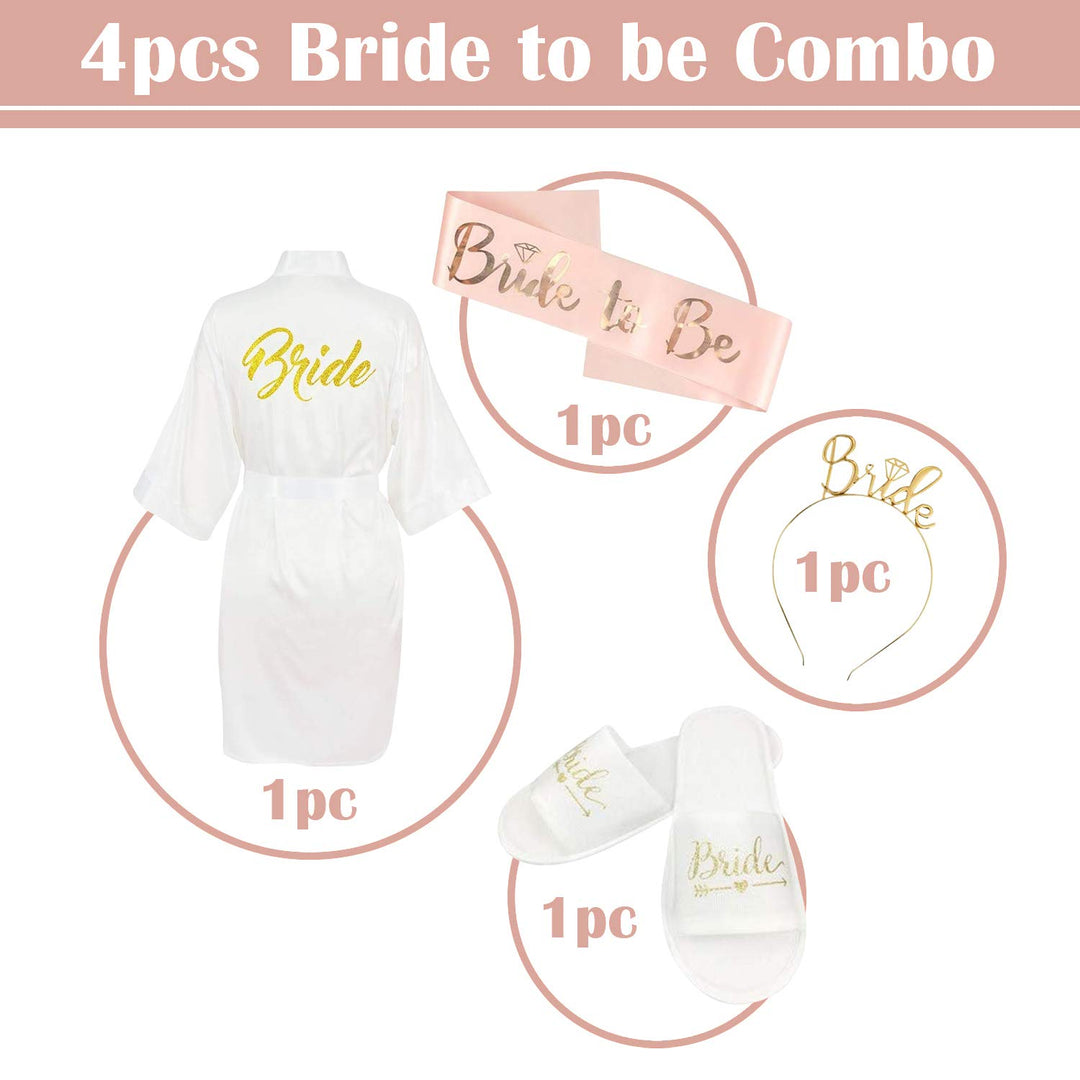 Party Propz Bride To Be Decoration Set Combo - 4 Pcs Bachelorette Party Decorations Combo With Bride To Be Bath Robe, Bride To Be Sleepers, Bride To Be Sash And Crown | Bridal Shower Decorations Kit