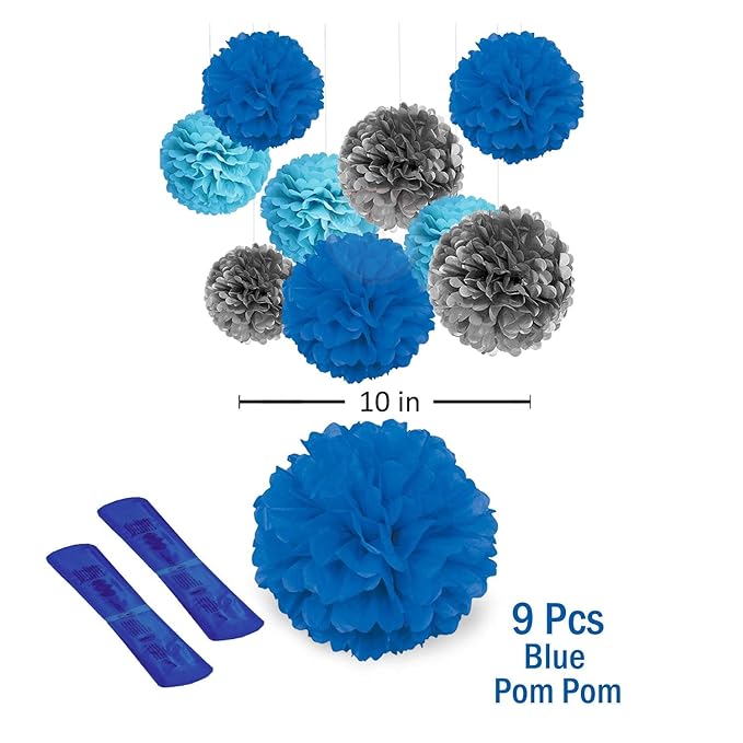 Party Propz Paper Pom Pom for Decoration 10 Inches Set of 9 Pcs (Silver, Light Blue & Dark Blue)