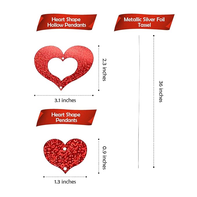 Party Propz Birthday Decoration Items - 72Pcs Red Heart Hanging & Silver Tassels for Romantic Decoration for Bedroom | Anniversary Decoration for Husband Wife | Heart Hanging Decoration