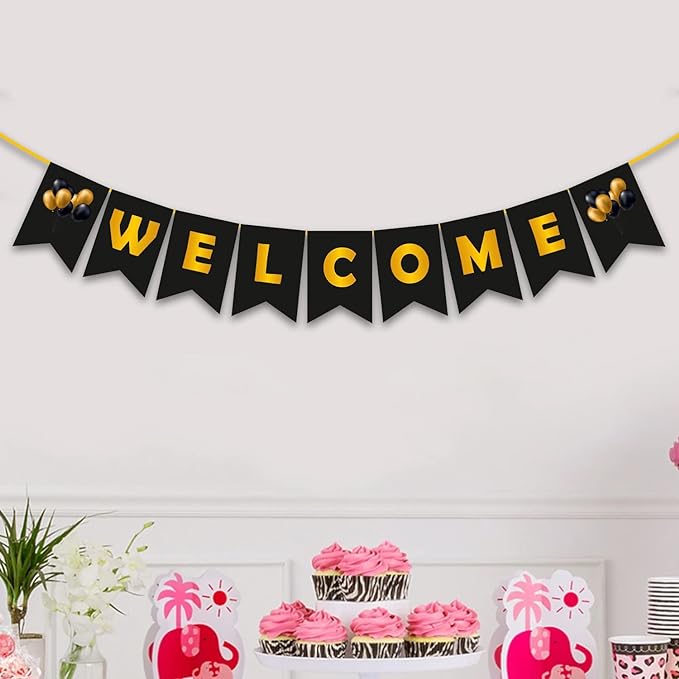 Party Propz Welcome Home Banner - 1Pc Baby Shower Decoration | Welcome Home Decoration with Black and Gold Welcome Banner (Cardstock) | Welcome Home Decor for Baby Shower | Mom to be Props