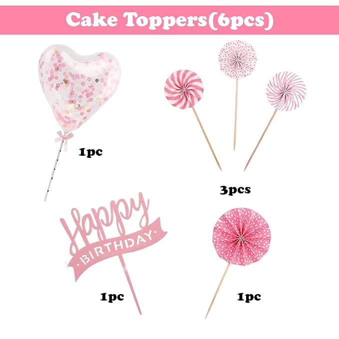 Party Propz Happy Birthday Pink Cake Topper, Cupcake Topper with Pink Paper Fans,Confetti Balloon, Birthday Cake Decorations 6Pcs for Baby Girls-(Pink Color), Wife Girl Friend Birthday Cake Decoration