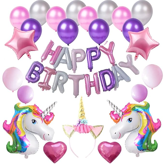 Party Propz Unicorn Theme Birthday Decorations Items - 28pcs Kit With Foil Balloon, Head Band, Metallic Balloons | Happy Birthday Decoration Kit For Girls | Unicorn Theme Birthday Decorations Kit