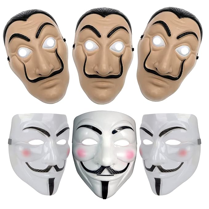 Party Propz Vendetta Mask and Dali Mask - 6Pcs Combo | Money Heist Mask | Full Face Mask for Men, Women, Kids | Hacker Mask for Boys | Cosplay Mask | Guy Fawkes Mask | Red Criminal Mask | Anonymous Mask