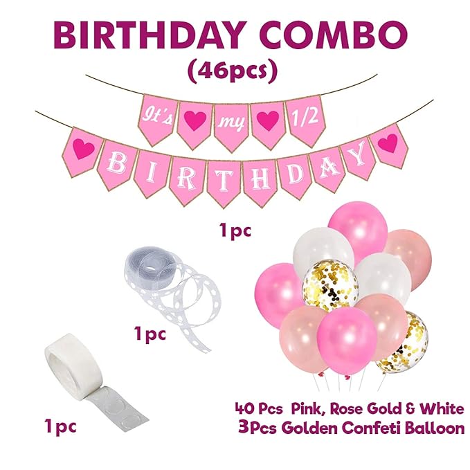 Party Propz Half Birthday Decorations For Baby Girl Combo - 46Pcs Items Set For 6 Months Birthday Decorations For Girl - Half Bday Banner, Balloons, Balloon Arch & Glue Dot