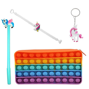 Party Propz Pop it Return Gifts for Kids - Set of 4 Pcs Unicorn Pop-it Combo | Pop it Pen Pencil Pouch | Pop Bubble Toy | Sensory Fidget Toy Pen Bag | Cute White Pink Jumping Unicorn Silicone Keychain