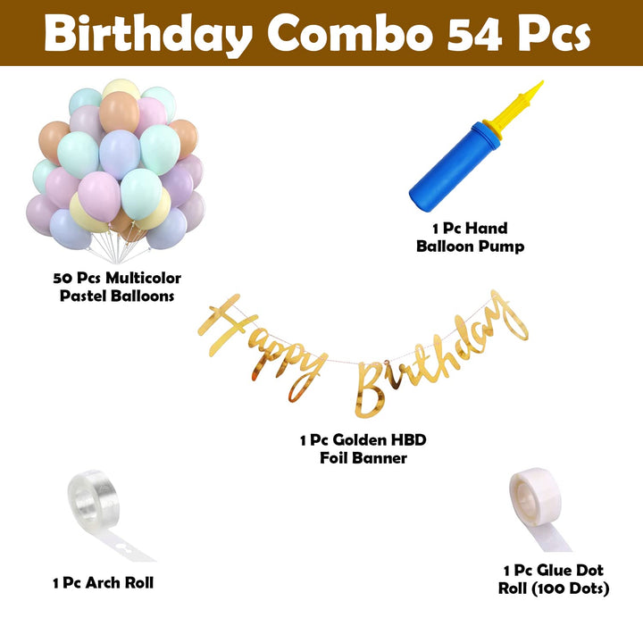 Party Propz Birthday Decoration Items for Kids - Pack of 54, Happy Birthday Decoration Kit with Hand Balloon Pump | Rainbow Theme Birthday Decorations | Multicolor Pastel Balloons for Birthday