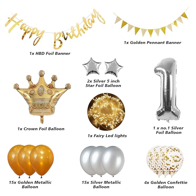 Party Propz 1St Birthday Decoration For Baby ,Crown,Numer 1 Foil,Metallic Balloons Combo 41Pcs For Boys Birthday Party Supplies/Girls Birthday Decoration Items/Kids Birthday Party Decoration Items