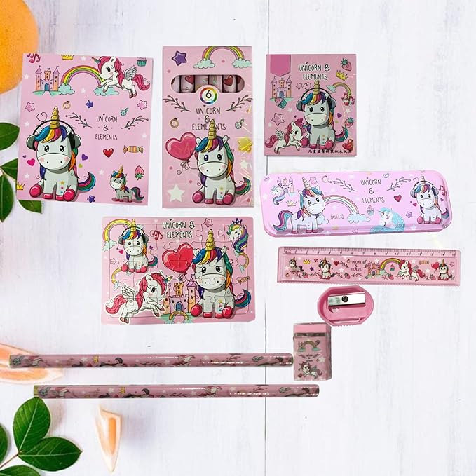 Party Propz Unicorn Stationary Set Kit For Girls- 10Pcs Notebook, Puzzle, Scale,Steel Pencil Box, Sharpener, Eraser, Toys- Return Gifts For Girls Age 10-12 Years-Unicorn Things School Accessories Item