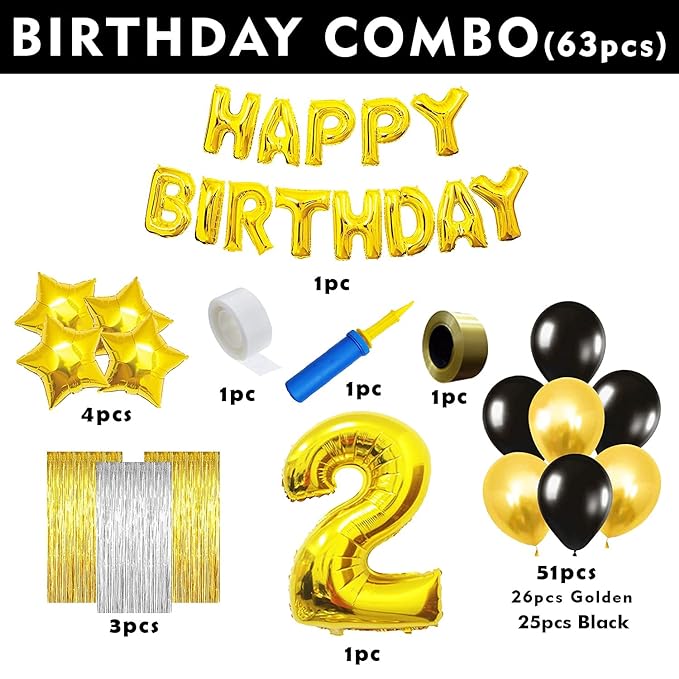 Party Propz 2nd Birthday Decoration Items Golden For - 63Pcs Two Sweet Decoration - 2nd Birthday Party Decorations,Birthday Decorations kit for Girls 2nd birthday/ Baby Birthday Decoration Items 2 Year / Birthday Decorations kit for Boys 2nd birthday