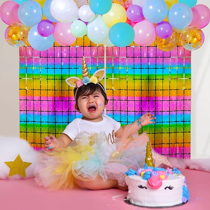 Party Propz Fringe Foil Curtains for Birthday Decorations - 2Pcs Multicolour Pack Backdrop for Decoration, Rainbow Curtains, Background for Happy Bday s s Kids, Unicorn Theme Party,Baby Shower