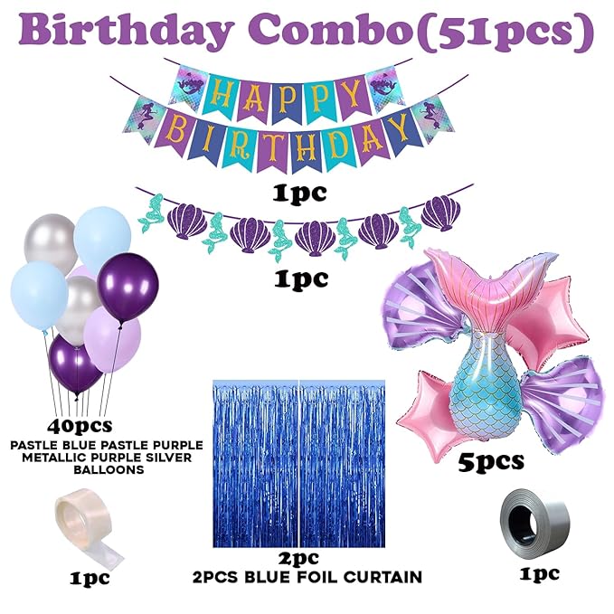 Party Propz Mermaid Theme Birthday Decorations - Cute 51 pcs Birthday Decoration Items For Girl | Mermaid Theme Birthday Foil Balloon | Mermaid Balloons for Birthday Decoration