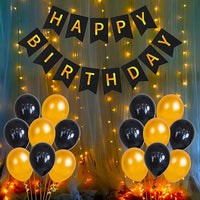 Party Propz Black Happy Birthday Banner with White Warm Led Light and Balloons Combo 32Pcs for Girls, Wife, Kids, Girl Friend Adult Birthday Decorations Indoor-Outdoor