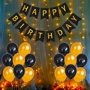 Party Propz Black Happy Birthday Banner with White Warm Led Light and Balloons Combo 32Pcs for Girls, Wife, Kids, Girl Friend Adult Birthday Decorations Indoor-Outdoor