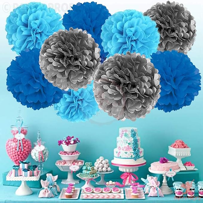 Party Propz Paper Pom Pom for Decoration 10 Inches Set of 9 Pcs (Silver, Light Blue & Dark Blue)
