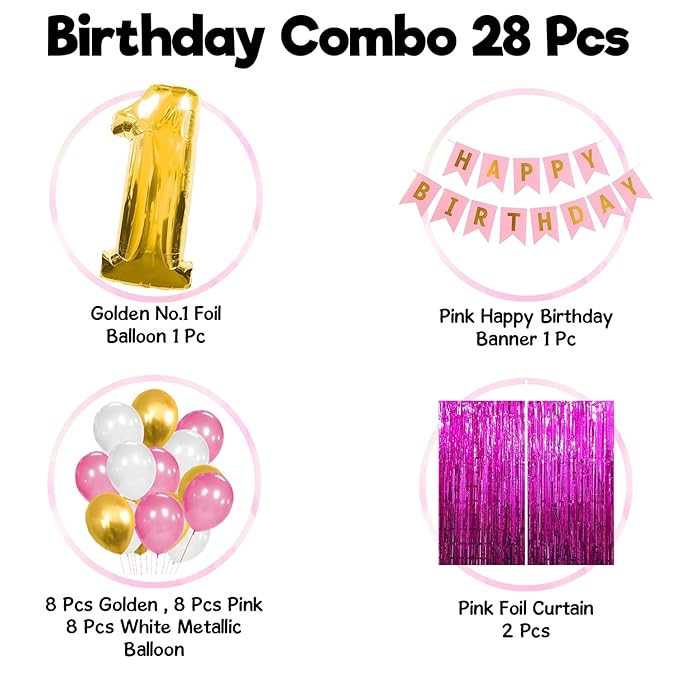 Party Propz 1st Birthday Decoration for Girls - Pink Happy Birthday Banner (cardstock), 1 Foil Balloons For Birthday, Metallic Balloons, Foil Curtains For First Birthday Decorations Girl