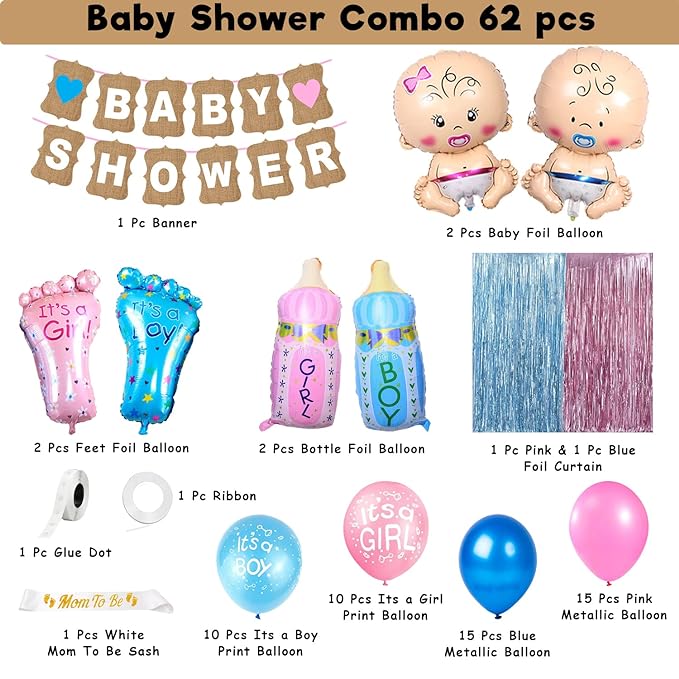 Party Propz Baby Shower Balloons Decoration Kit- Pack Of 62 Baby Shower Decoration Items | Mom To Be Decoration Items | Baby Shower Props For Photoshoot | Mom To Be Decor | Baby Shower Decorations