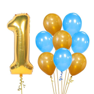 Party Propz 1st Birthday Baby Boy Decoration Combo Number 1 Foil Balloon And Gold Blue Metallic Balloons Set 9Pcs For Kids Boy Party Supplies