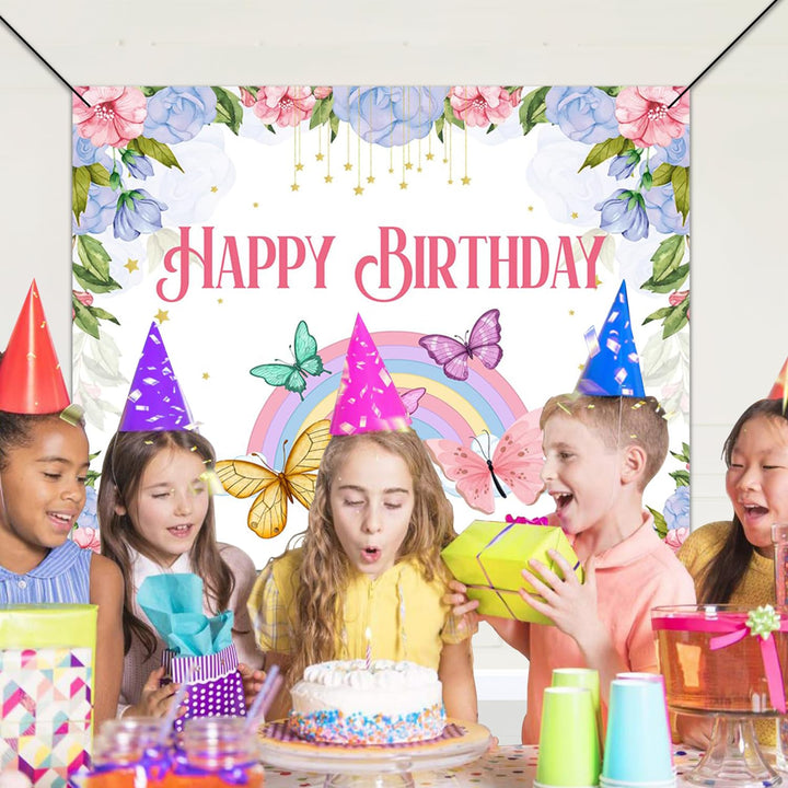 Party Propz Happy Birthday Butterfly Backdrop Banner - Backdrop for Decoration (4x5 Ft) | Birthday Decoration Items | Butterfly Theme Birthday Party Decorations | Happy Birthday Banner