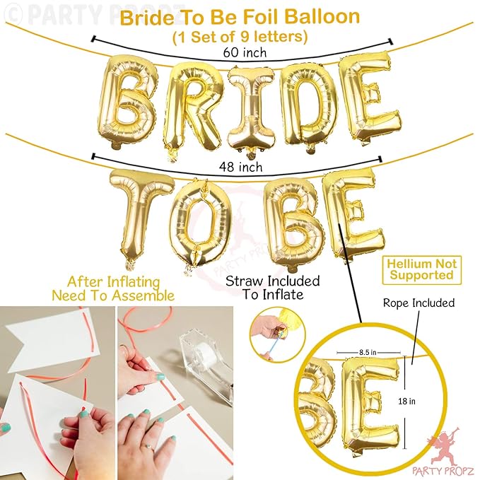 Party Propz Bride To Be Decoration Set Combo -3Pcs Bride To Be Sash | Bride To Be Crown | Bride To Be Banner (cardstock) Gold Foil Balloon | Bachelorette Party Decorations | Bride To Be Sash And Crown