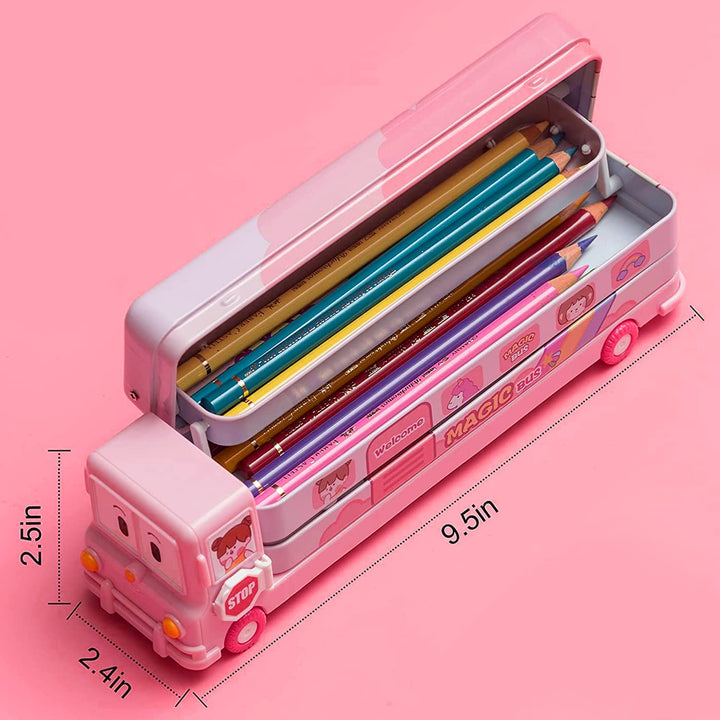 Party Propz Pencil Box For Girls- Pack of 1 School Bus Pencil Box For Girls | School Bus Geometry Box | Kids Geometry Box | School Supplies For Girls Birthday | Return Gifts For Kids | Bus Compass Box