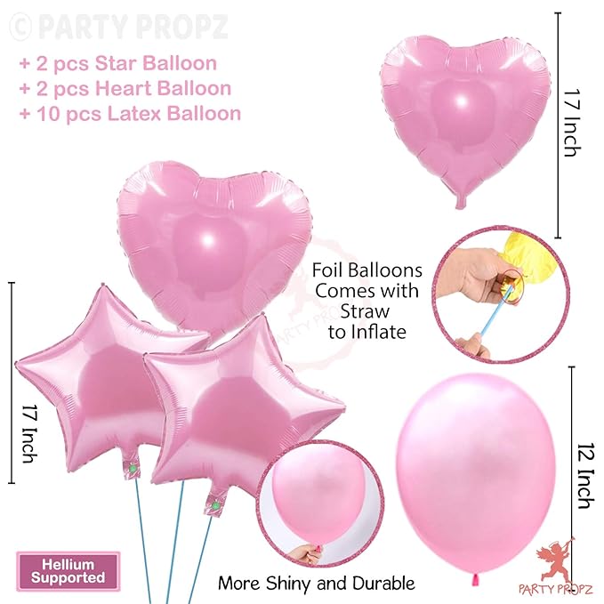 Party Propz 14Pcs Pink Birthday Star Foil Balloons Combo For Birthday Balloons For Decorations For Girls, 1st Birthday Balloons Decorations