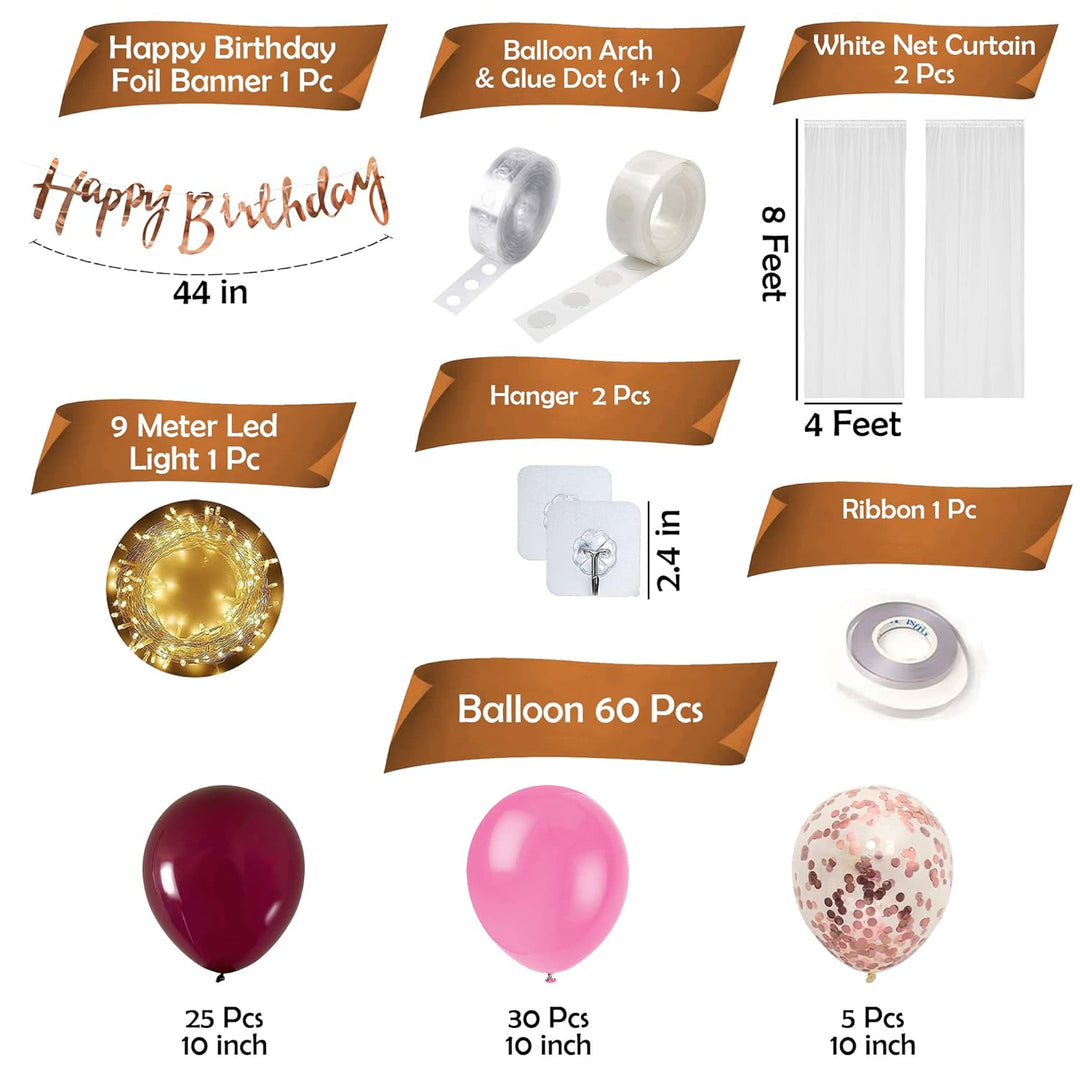 Party Propz Burgundy Birthday Decoration Items - 69Pcs Happy Birthday Decorations Kit | Burgundy Balloons for Birthday Decorations | Rose Gold Confetti Balloons | Birthday Decoration Items for Girls