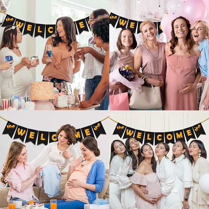 Party Propz Welcome Home Banner - 1Pc Baby Shower Decoration | Welcome Home Decoration with Black and Gold Welcome Banner (Cardstock) | Welcome Home Decor for Baby Shower | Mom to be Props