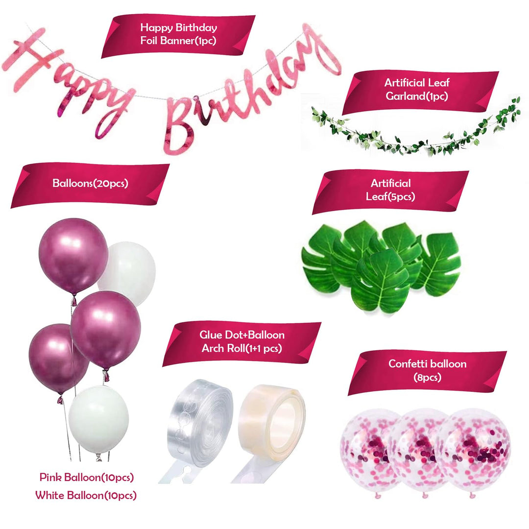 Party Propz Pink Birthday Decoration Items - 37 Pcs Happy Birthday Decorations Kit With Balloons & Artificial Leaves | Pink Confetti Balloons for Birthday | Birthday Banner for Decorations (Cardstock)