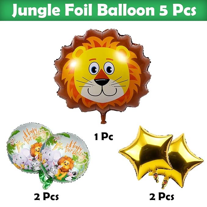 Party Propz Happy Birthday Decoration Kit, Set of 5 Birthday Decoration Items With Happy Birthday, Lion, Jungle Theme Foil Balloons For Kids Birthday Celebration, , Multicolor