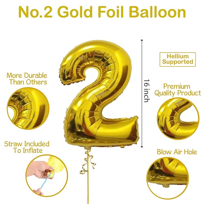 Party Propz Foil Balloon Number 2-16 Inch Foil Balloon | Golden Number Foil Balloon | 2 Balloon Number Foil Golden for Kids | 2nd Birthday Decoration Items | Anniversary Decoration