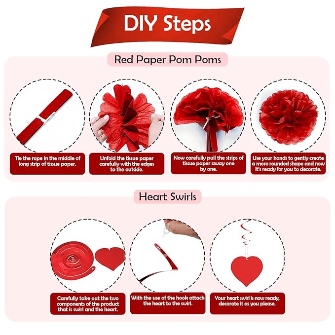 Party Propz Birthday Decoration Items - 13pcs Heart Hanging Decoration Items | Pom Pom & Be Mine Paper Banner | Anniversary Decoration Items Kit | Heart Garland Decoration | Birthday Decoration Kit