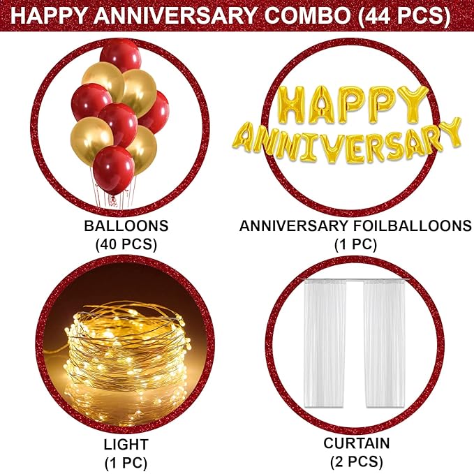 Party Propz Happy Anniversary Decoration Items Kit - 44Pcs Wedding Anniversary Decoration Items|Happy Anniversary Foil Balloons|Anniversary Decoration For Couple,Boyfriend,Husband