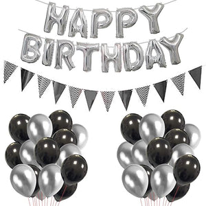 Party Propz 32Pcs Black and Silver Birthday Decorations Combo Birthday Banner,Pennant Banner and Metallic Balloons for Adult Birthday / 25th,30th,40th,60th Birthday Decoration