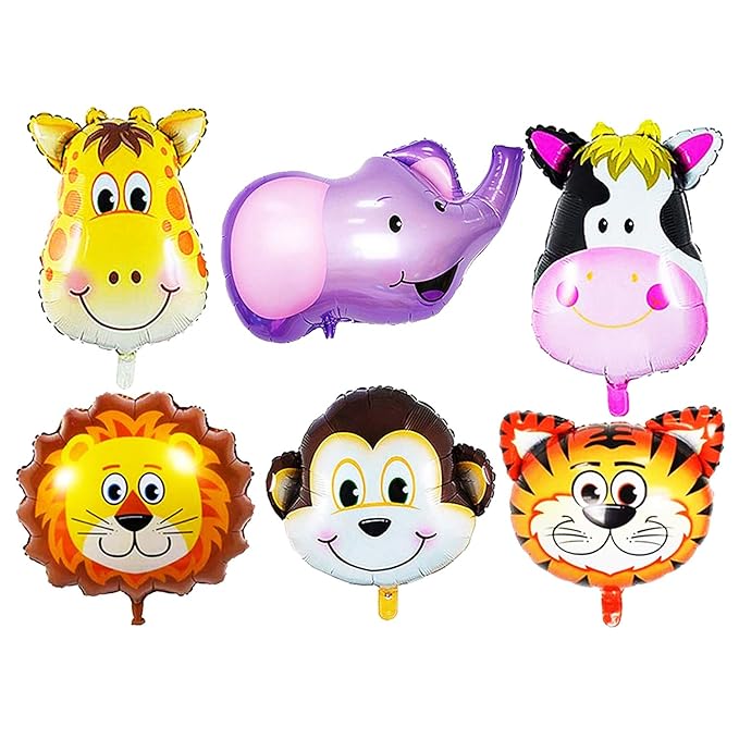 Party Propz Big Size (XL)6 pcs Animal Foil Balloons, Jungle Theme (Lion, Tiger, Giraffe, Zebra, Monkey, Cow) (Big)