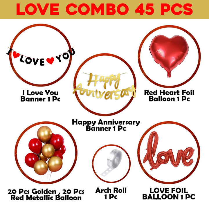 Party Propz Happy Anniversary Decoration Items Kit - 45Pcs Wedding Anniversary Decoration Items | Golden Happy Anniversary Banner | I love You Banner | Anniversary Decoration for Couple, Boyfriend, Husband | Love Foil Balloon