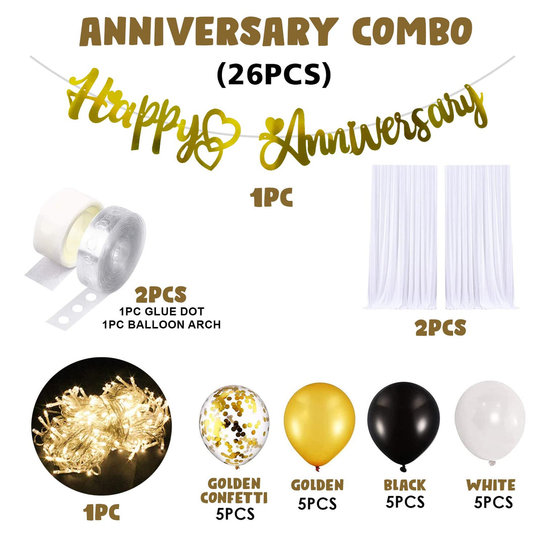 Party Propz Happy Anniversary Decoration Items Kit-26Pcs Canopy Tent For Decoration|Black And Golden Balloons For Anniversary|Anniversary Tent Decoration Set|Happy Anniversary Banner