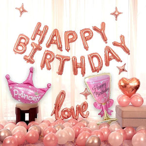 Party Propz Birthday Decoration For Girls Combo Kit - Rose Gold Foil Balloon, Metallic and Chrome Balloon, Pink Heart, Ribbon For Birthday Balloons for Girls, Wife - Room Decorations - Set of 50