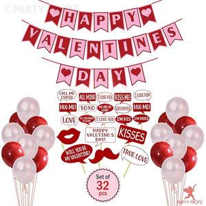 Party Propz Valentines Day Decoration Items - Pack of 32 Valentines Day Banner Kit with Happy Valentines Day Banner and Photobooth Props for Boyfriend, Girlfriend - Anniversary, Wedding Decoration