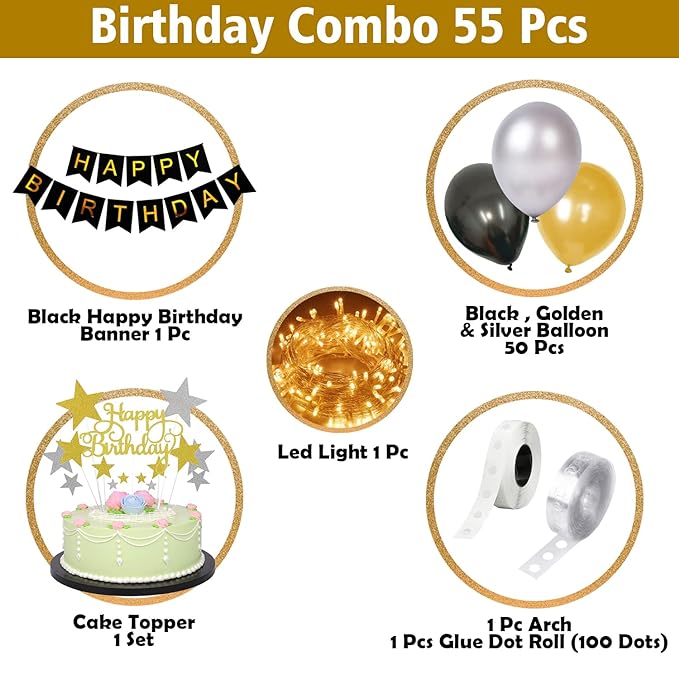 Party Propz Happy Birthday Decoration For Husband Kit Combo Set - 55pcs Birthday Paper Banner Metallic Confetti Balloons With Cake Topper & Glue Dot - Happy Birthday Decorations Items