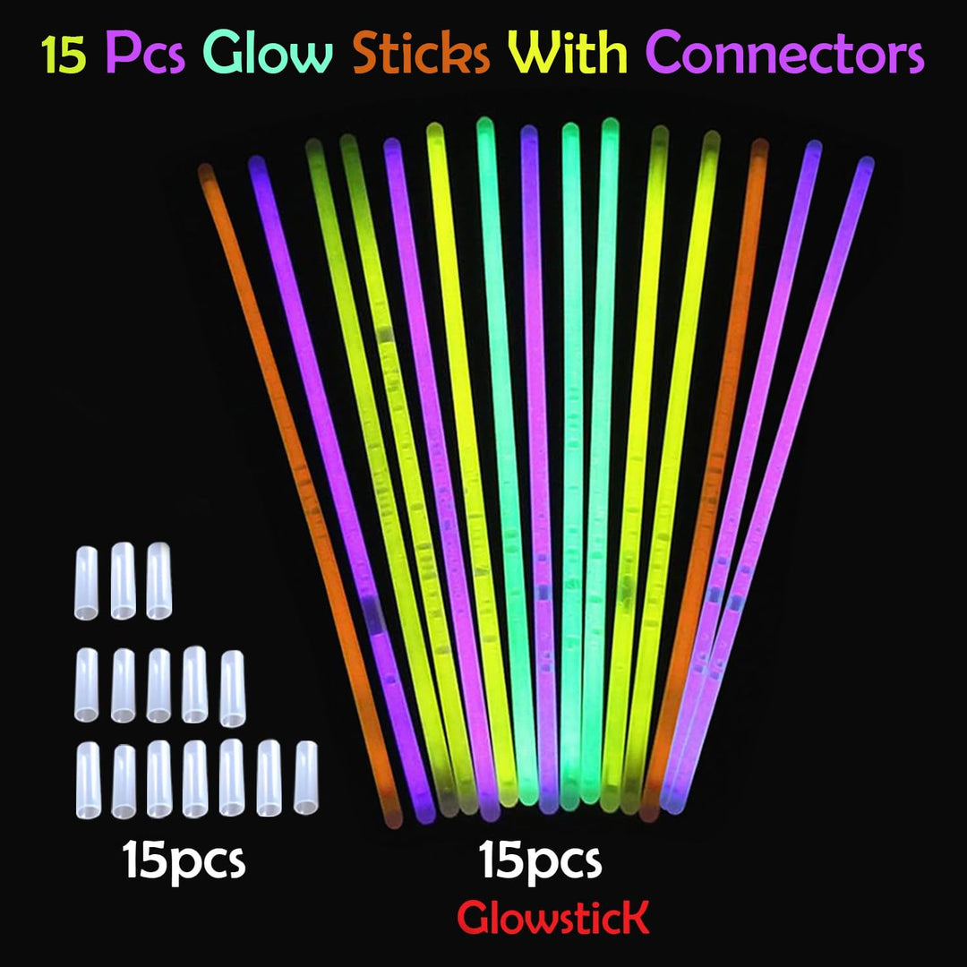 Party Propz Glow In The Dark Neon Bands - 15Pcs Glowing Stick With Connectors | Neon Bands For Party | Glow Bands For A Party | Radium Stick | Fluorescent Band For Dj Party | Neon Party Accessories
