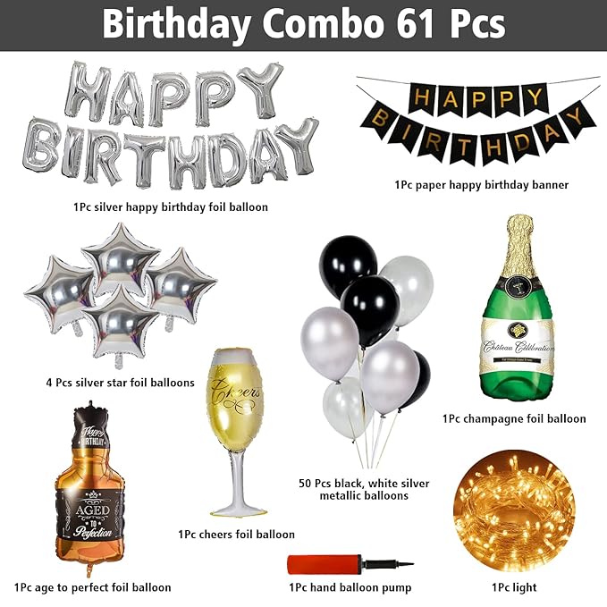 Party Propz Birthday Decoration Items for Men - 61Pcs Birthday Decoration Kit | Happy Birthday Decorations For Boys | Birthday Decoration Items for Husband | With Black Foil Curtains, LED Lights, Pump