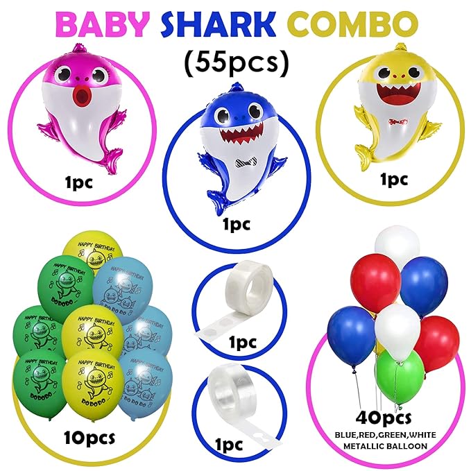 Party Propz Baby Shark Theme Birthday Decorations - 55Pcs, Multicolor Balloons | Baby Shark Birthday Decorations | Birthday Decoration Items For Girl | Shark Foil Balloons | Birthday Decoration Kit