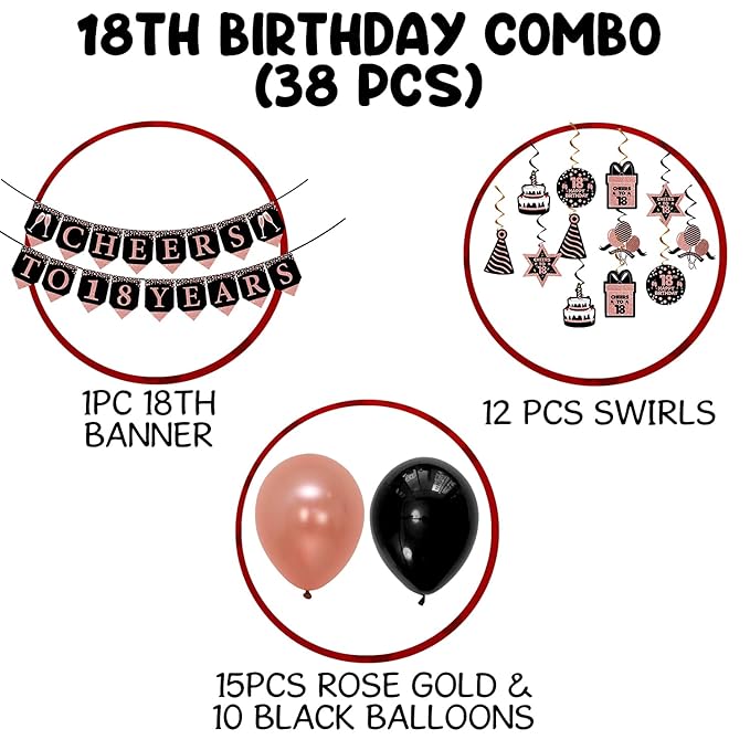 Party Propz 18th Birthday Decorations For Girls - 38 Items Combo Set Rose Gold & Black - 18th birthday decorations / Birthday Balloons for 18th/ Happy Birthday Decoration Set For Girls / 18 Years