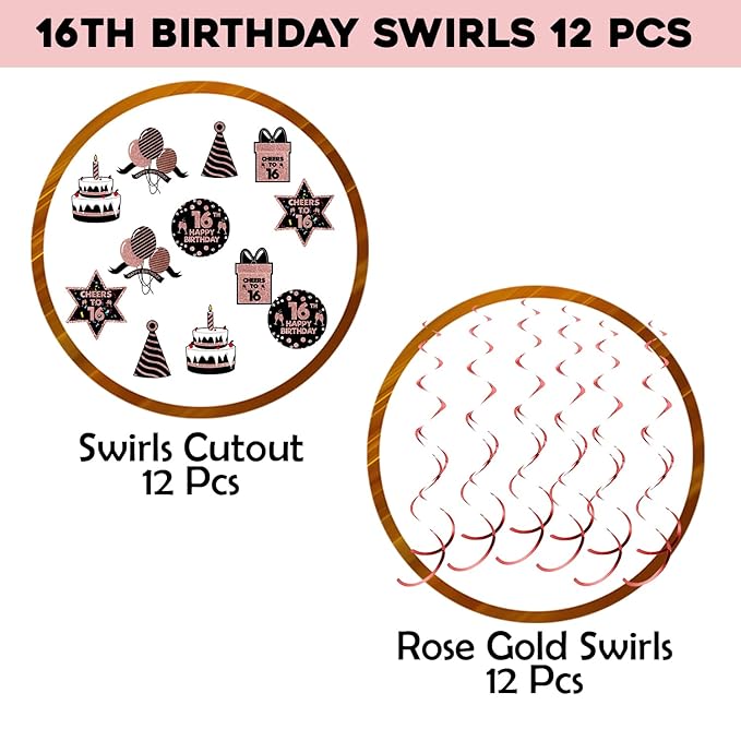 Party Propz 16th Birthday Decorations for Girl - Set of 12 Rose Gold Happy Birthday Decoration Swirls and Cutouts for Kids 16th Birthday Celebration
