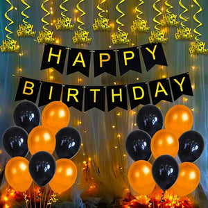 Happy Birthday Decoration Kit -44Pcs Black Banner Golden Swirls BalloonsWith Led Light Birthday Decorations Items for Bday Lights Combo Set; Husband;Wife;First; 2nd;30th;40th;50th Theme