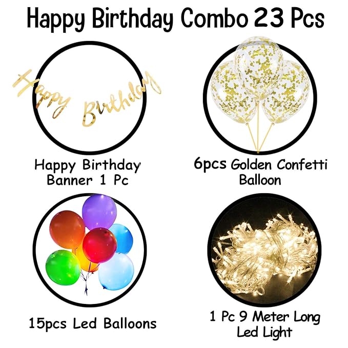 Party Propz Happy Birthday Unicorn Decoration Kit Combo - 23Pcs Set Bday Banner, Confetti Balloon, Led Balloon With Led Fairy Light For Kids, Husband Girls, Boys / Birthday Rubber Balloon(Multi).