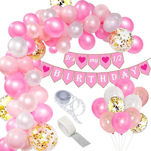 Party Propz Half Birthday Decorations For Baby Girl Combo - 46Pcs Items Set For 6 Months Birthday Decorations For Girl - Half Bday Banner, Balloons, Balloon Arch & Glue Dot